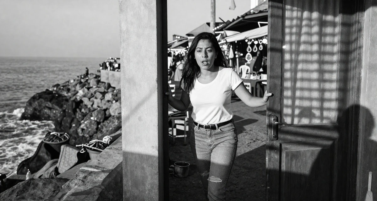 A wild Female Raised in Peru, studied advertising management in their 22, managing new financial responsibilities, wearing a modern casual lifestyle wear, pushing a door open in a rocky ocean cliff.