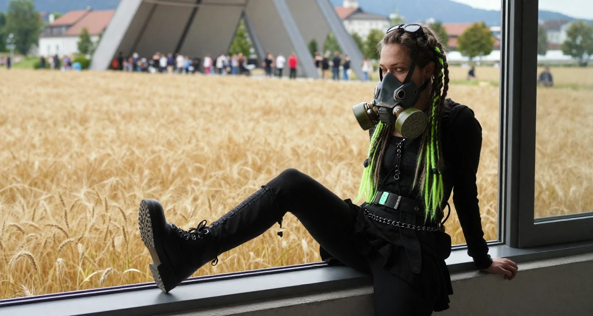 A peaceful Female From Salzburg Austria, practiced soft-aesthetic lifestyle content in their 24, taking creative work more seriously, wearing a cyber-goth outfit with gas mask and neon dreads, dangling a shoe from one foot in a golden wheat field.