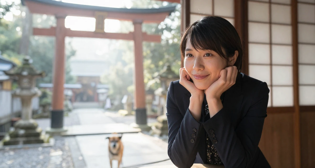 A warm and welcoming Female From Mexico, majored in global trade in their 27, just moved into a small apartment alone, wearing a black lace top under a business suit, walking a dog (leash visible) in a Japanese Shinto shrine.