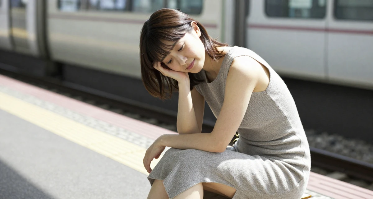 A peaceful Female From Japan, studied nutrition and food science in their 23, discovering the allure of slow, controlled movement, wearing a fitted knit dress with a side slit, leaning head on a hand in a subway platform.