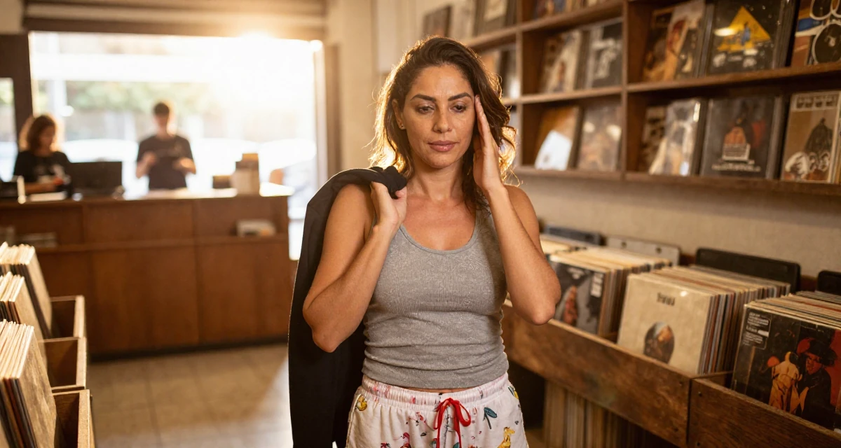 A patient Female From Rio de Janeiro Brazil, majored in public relations in their 40, celebrating a decade of professional mastery, wearing a fitted racerback tank and pajama shorts, holding a jacket over a shoulder in a vintage record store.