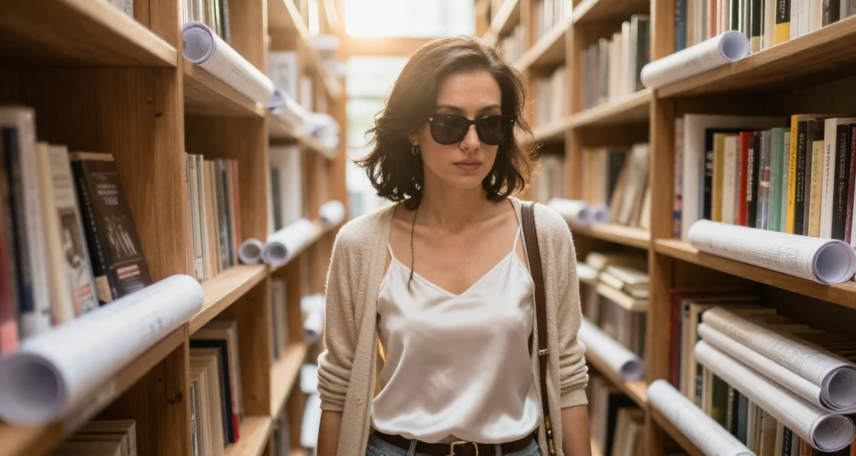 A resilient Female From Chengdu China, self-taught photographer with nightlife roots in their 40, starting a business after years of corporate life, wearing a white silk camisole and a beige cardigan, lowering sunglasses to look out in a bookstore aisle.
