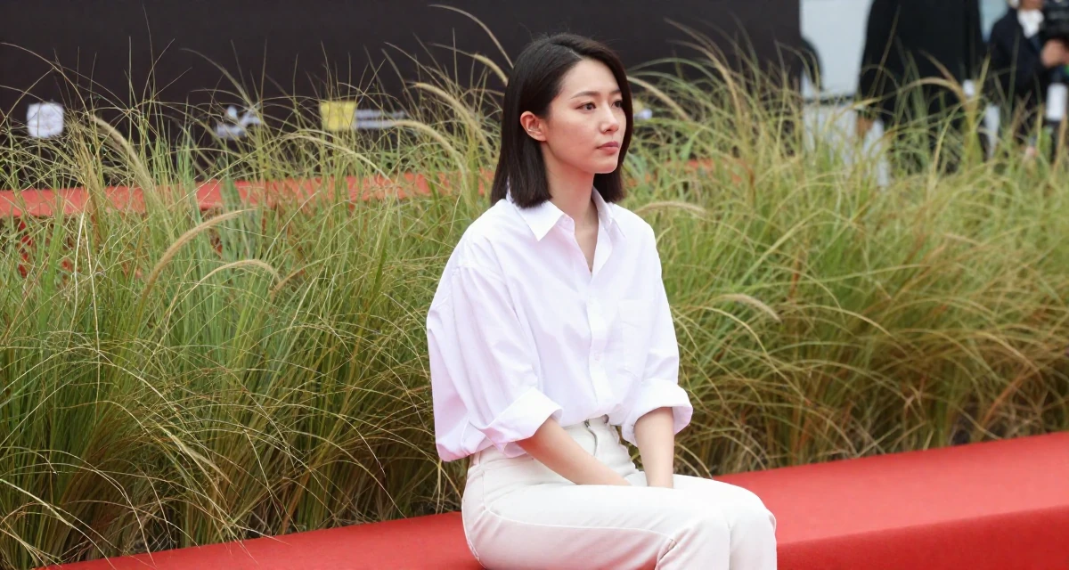 A solemn Female From Hong Kong, studied digital media arts in their 28, recovering from a failed startup, wearing a oversized white shirt with sleeves rolled up and slim trousers, pausing mid-step in a red carpet event.