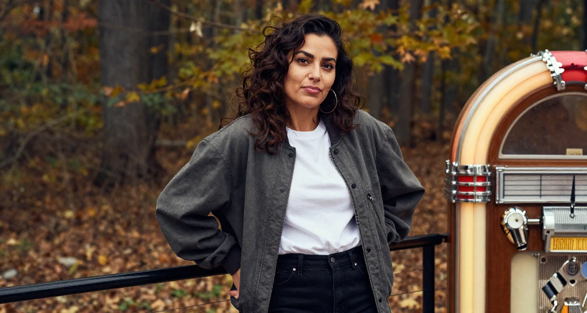 A teasing Female From Chicago USA, holds a degree in communications in their 39, sharing stories of resilience and growth, wearing a relaxed streetwear, grabbing a railing for support in a autumn forest.