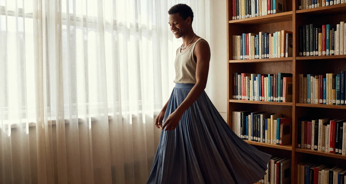 A unbothered male Born in South Africa, studied political communication in their 25, dealing with pressure to choose a major, wearing a flowing maxi skirt and top, laughing softly in a quiet library corner.