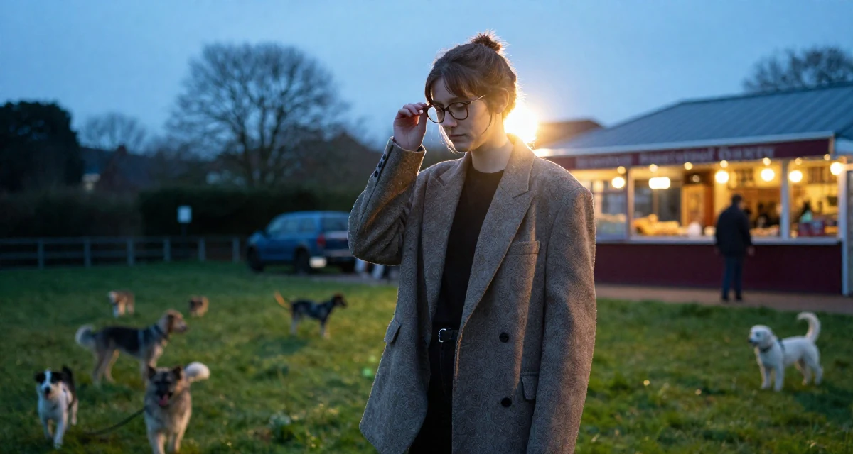 A timid Female From England, studied film and television in their 34, taking care of pets and household, wearing a oversized blazer draped over the shoulders, pushing glasses up the nose in a grassy field.