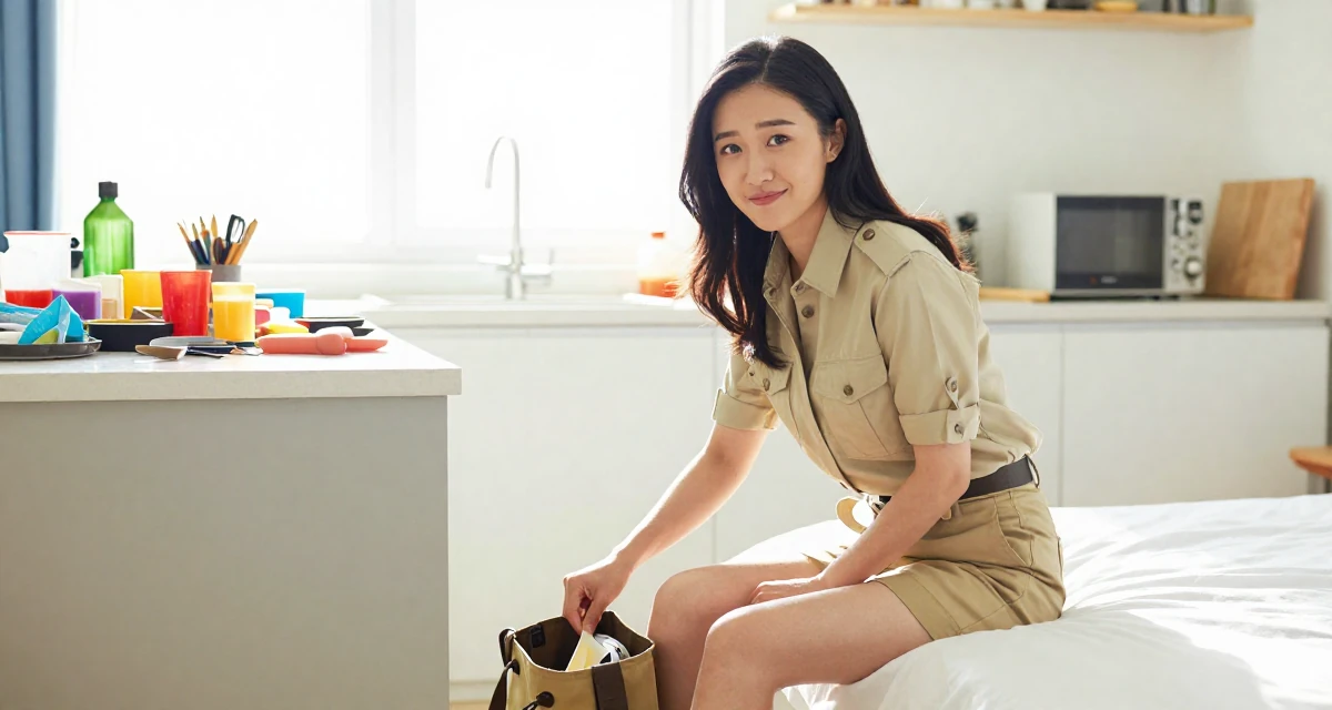 A witty Female From China, holds a degree in human resource management in their 25, gaining confidence in professional expertise, wearing a safari explorer outfit with khaki shorts, reaching into a bag in a sunlit kitchen island.