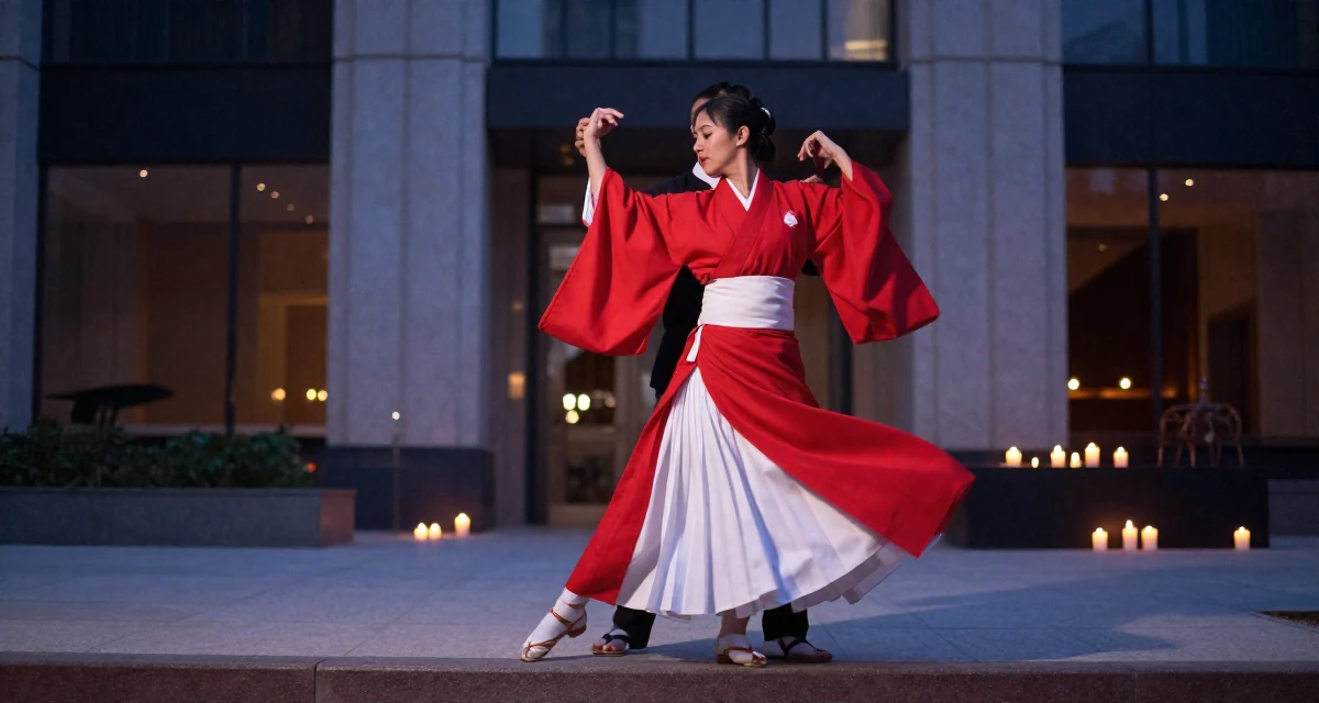 A fearless Female From Buenos Aires Argentina, trained in tango and partner flow in their 24, mastering the art of work-life separation, wearing a traditional Japanese miko priestess robe in red and white, stepping onto a curb in a modern skyscraper lobby.