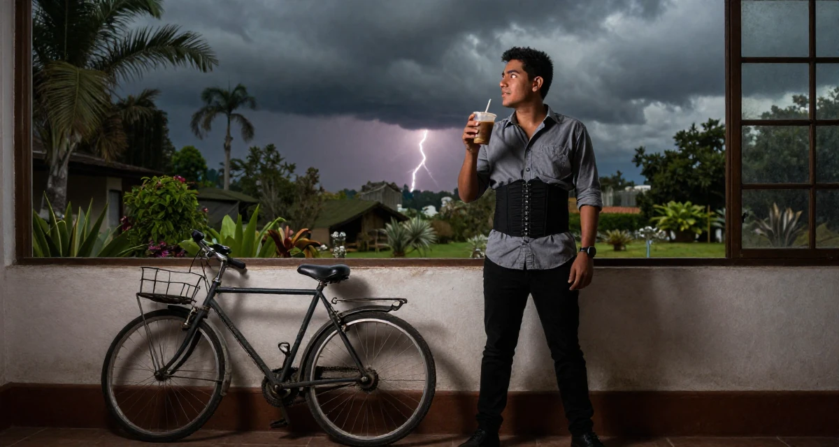 A glowing male From Bolivia, based in Santa Cruz, graduated from a media academy majoring in creative strategy in their 22, clutching an iced coffee as a survival tool, wearing a button-up shirt with a corset belt and black pants, looking out the window in a botanical garden.