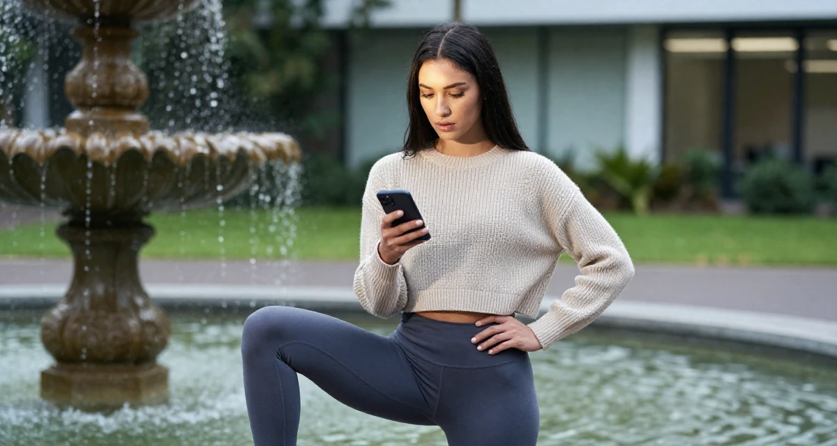 A expectant Female From Melbourne Australia, studied creative directing for social content in their 22, forming early ideas of personal branding, wearing a cropped knitted sweater and form-fitting yoga pants, checking a phone in a quiet park.