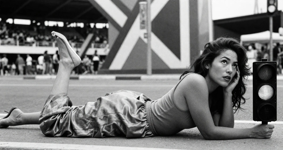 A passionate Female Once a calligraphy hobbyist, now integrating art into sensual themes in their 28, facing creator fatigue while pretending to thrive, wearing a loose silk trousers and a fitted tank top, waiting for a light to change in a neon-lit street.