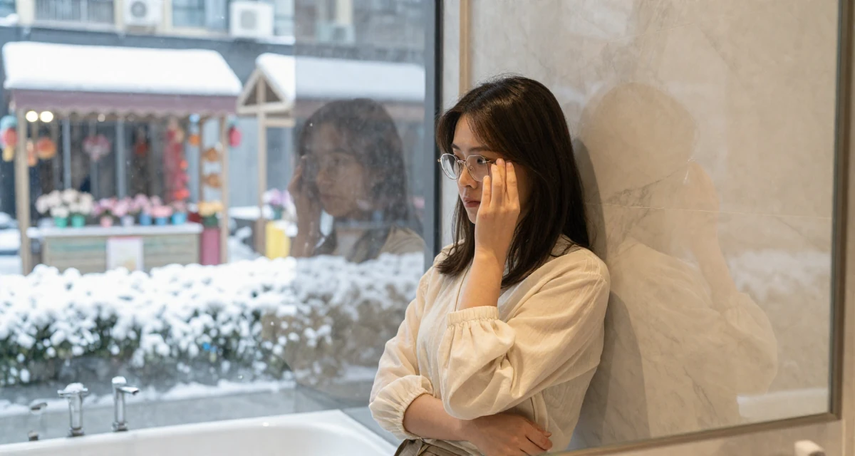 A thoughtful Female From China, based in Chengdu, graduated from a vocational college majoring in digital communication in their 24, feeling a quarter-life crisis approaching, wearing a light and airy spring attire, pushing glasses up the nose in a marble bathroom with a tub.