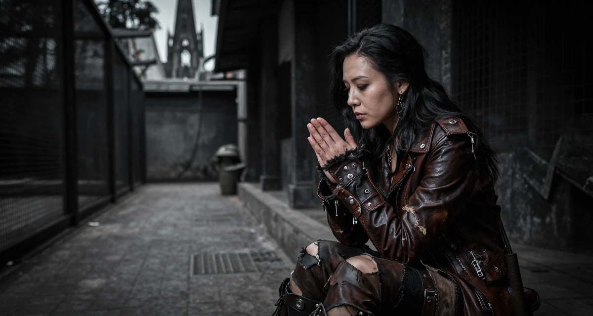 A sentimental Female From Hanoi Vietnam, practiced boudoir photography concepts in their 47, art collector sharing gallery experiences, wearing a post-apocalyptic scavenger outfit with distressed leather, rubbing hands together for warmth in a zoo enclosure path.