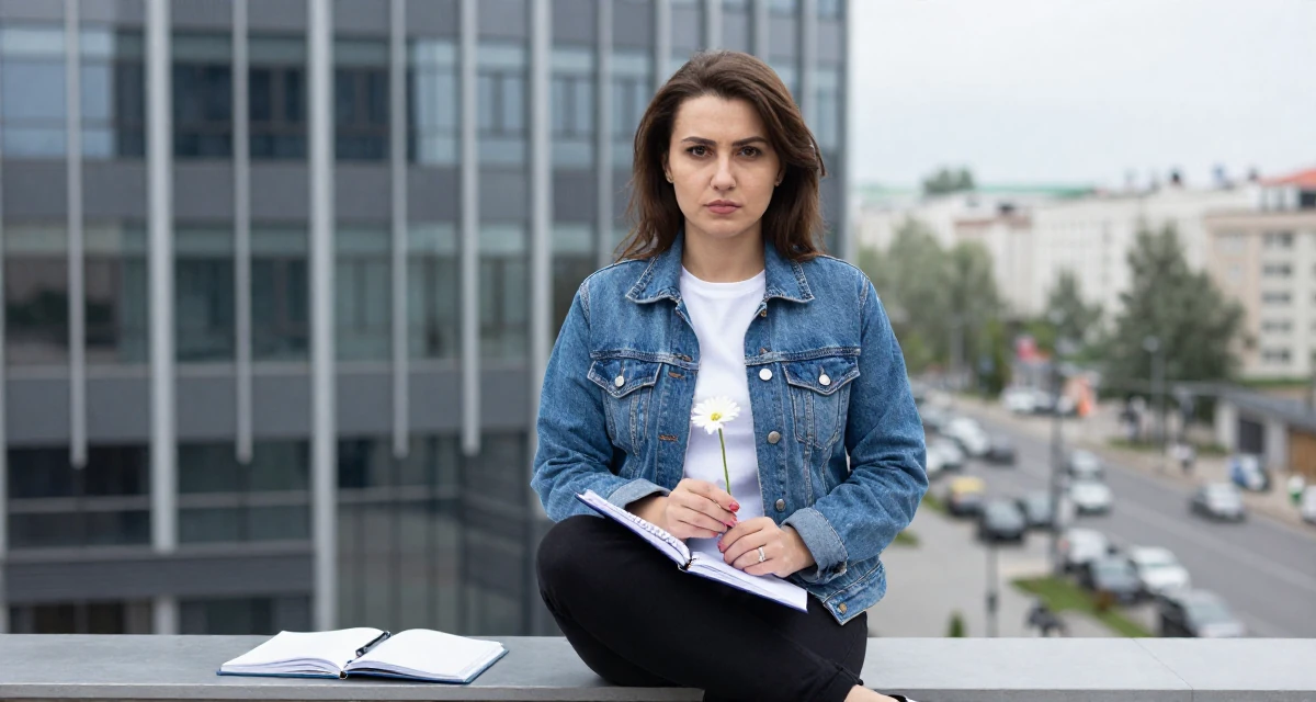 A intense and captivating Female From Kazakhstan, studied financial mathematics in their 32, seeking intellectual challenges over busy work, wearing a classic denim jacket and white tee, holding a flower in a high-rise office building.