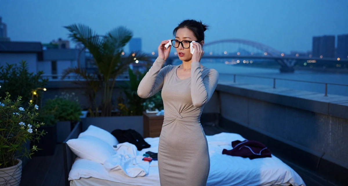 A curious and focused Female From Shanghai China, grew up studying dance and digital arts in their 50, proof that life begins at fifty, wearing a long-sleeve bodycon midi dress in neutral tones, cleaning glasses with a cloth in a rooftop garden.