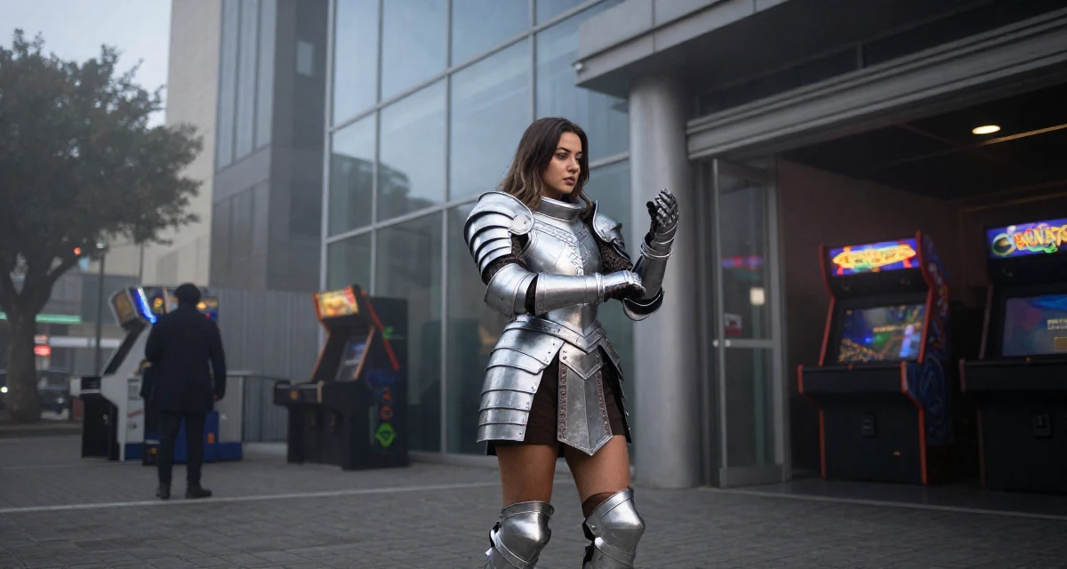 A fearless Female From Cape Town South Africa, learned outdoor modeling and posing in their 23, trying to collaborate with other creators for visibility, wearing a fantasy warrior princess armor made of silver metal, putting on a glove in a arcade room with neon lights.