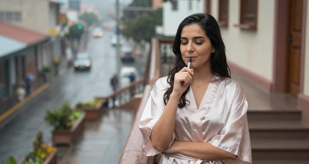 A peaceful Female Raised in Peru, studied advertising management in their 32, managing long-distance relationship, wearing a short silk robe tied loosely, chewing on a pen thoughtlessly in a winding staircase.