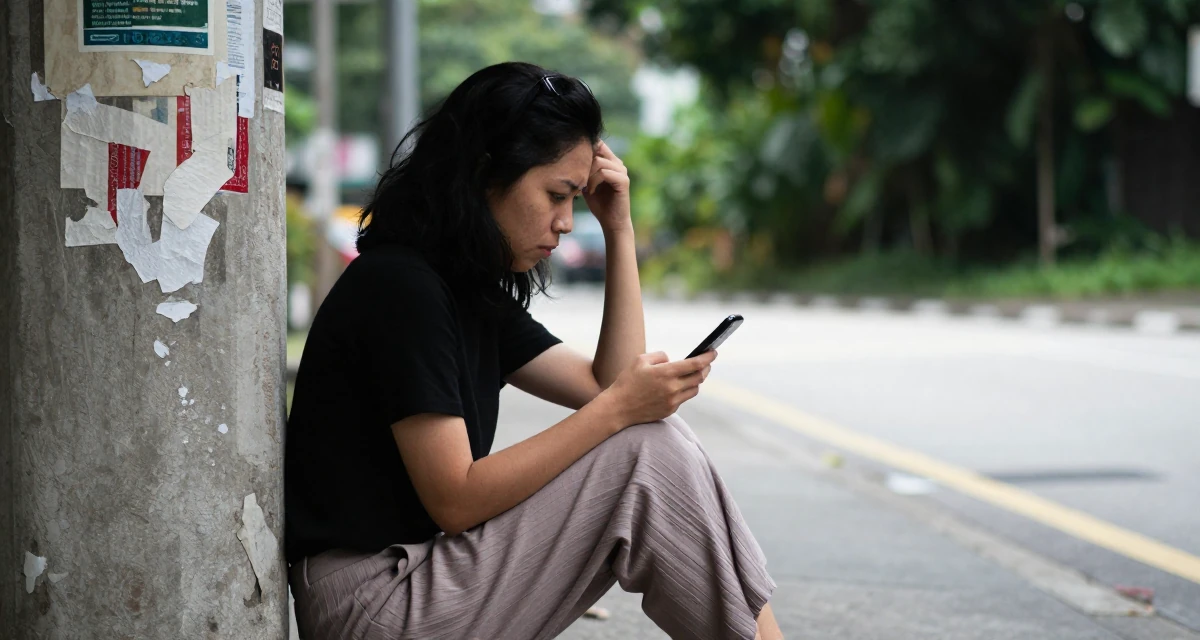 A tense Female From Singapore, based in Tampines, graduated from a polytechnic majoring in business analytics in their 28, questioning whether to scale up or scale back, wearing a relaxed fit pleated trousers, reading a text message in a city sidewalk.