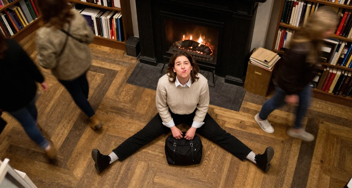 A pouting Female Born in Wales, majored in education studies in their 25, building confidence by experimenting with poses, wearing a cropped sweater over a collared shirt, closing a bag in a vintage bookstore.