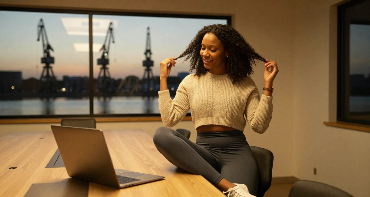 A warm Female From Cameroon, majored in applied statistics in their 25, exploring creativity online, wearing a cropped knitted sweater and form-fitting yoga pants, twirling a lock of hair in a conference room.