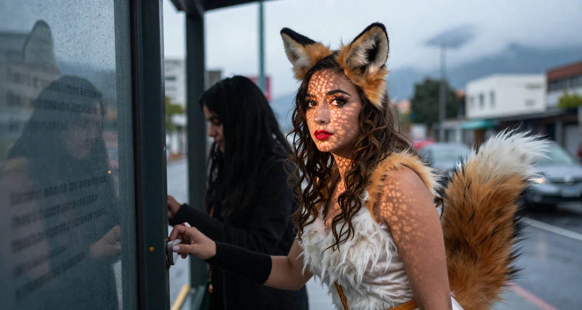 A elegant Female From Ecuador, based in Guayaquil, graduated from a private institute majoring in consumer psychology in their 30, freelancing after a layoff, wearing a fox spirit (kitsune) outfit with fluffy ears and tails, opening a door in a bus stop in the rain.