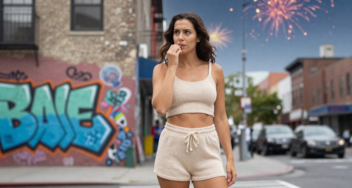 A judgemental Female Once a freelance translator, now exploring multilingual creator content in their 42, expert in holistic health and herbalism, wearing a knitted loungewear shorts and a matching tiny top, biting a lip thoughtfully in a bustling city street.
