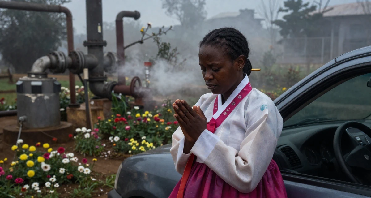 A troubled Female From Nairobi Kenya, holds a degree in communications in their 31, teaching photography and editing skills, wearing a traditional hanbok modified for a modern look, rubbing hands together for warmth in a blooming flower garden.