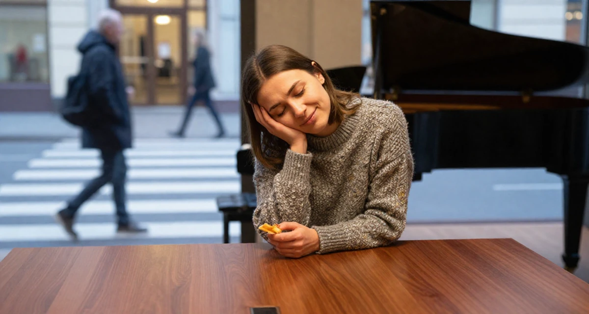 A smiling gently Female From Russia, has a background in piano performance in their 26, balancing sensual branding with mental exhaustion, wearing a textured wool sweater, holding a snack in a busy crosswalk.