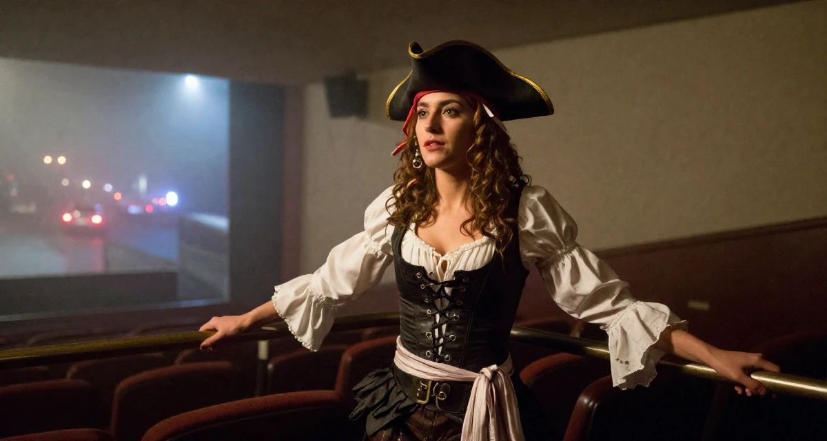 A carefree Female Once a ballet dropout, now redefining movement through intimate expression in their 45, exploring hobbies neglected during younger years, wearing a pirate captain outfit with a corset and tricorn hat, grabbing a railing for support in a cinema lobby.