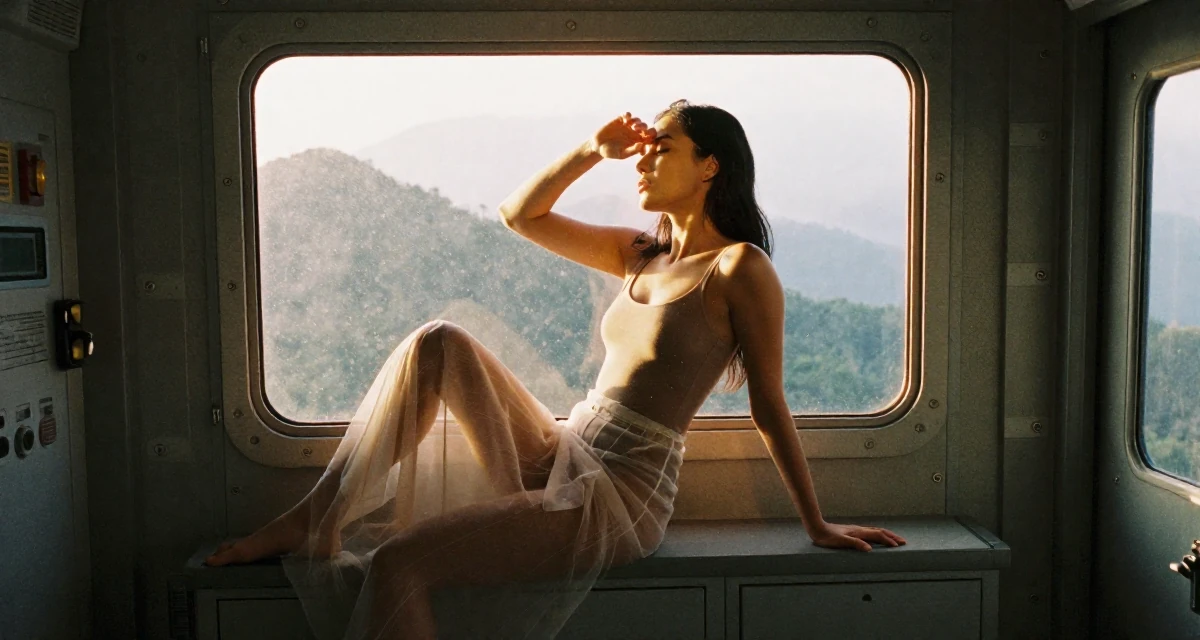 A seductive Female From Manila Philippines, studied mass communication in their 44, minimalist living with a focus on quality, wearing a sheer maxi skirt with a bodysuit underneath, covering eyes from the sun in a spaceship corridor.