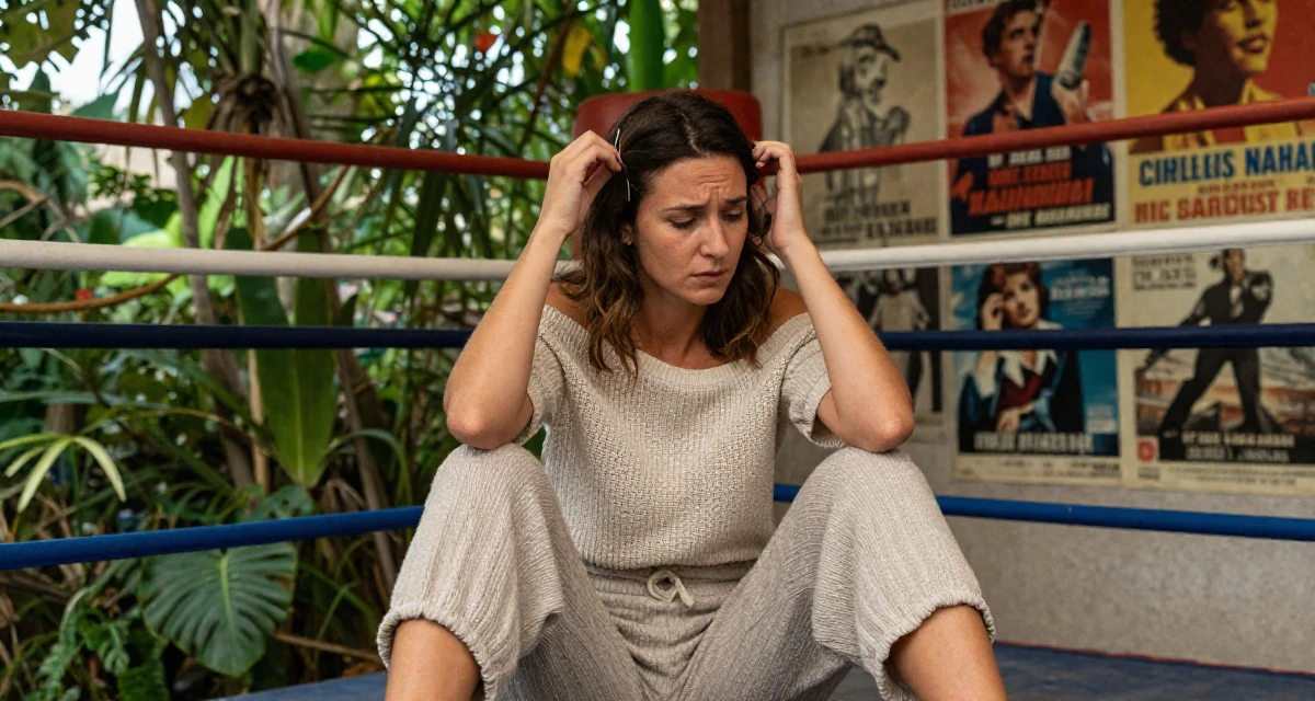 A troubled Female From Marseille France, trained in Mediterranean beach modeling in their 43, passionate about organic gardening and cooking, wearing a off-the-shoulder knit top and dress pants, adjusting a hairpin in a boxing ring.