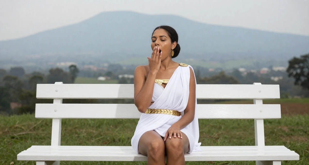 A sultry Female From Johannesburg South Africa, explored fitness lifestyle content in their 24, leaning into confidence as a form of creative expression, wearing a greek goddess toga with gold leaf accessories, yawning discreetly in a park bench.