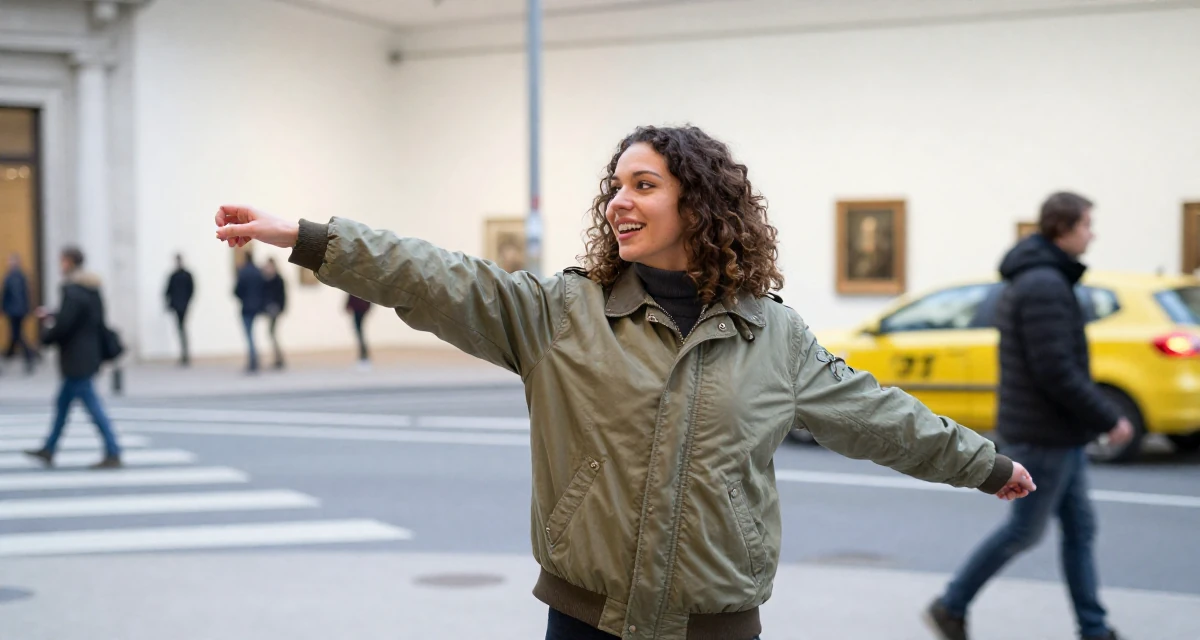 A delighted Female From Belgium, majored in political science in their 26, searching for a partner with shared values, wearing a retro windbreaker jacket, stretching arms in a art gallery hall.