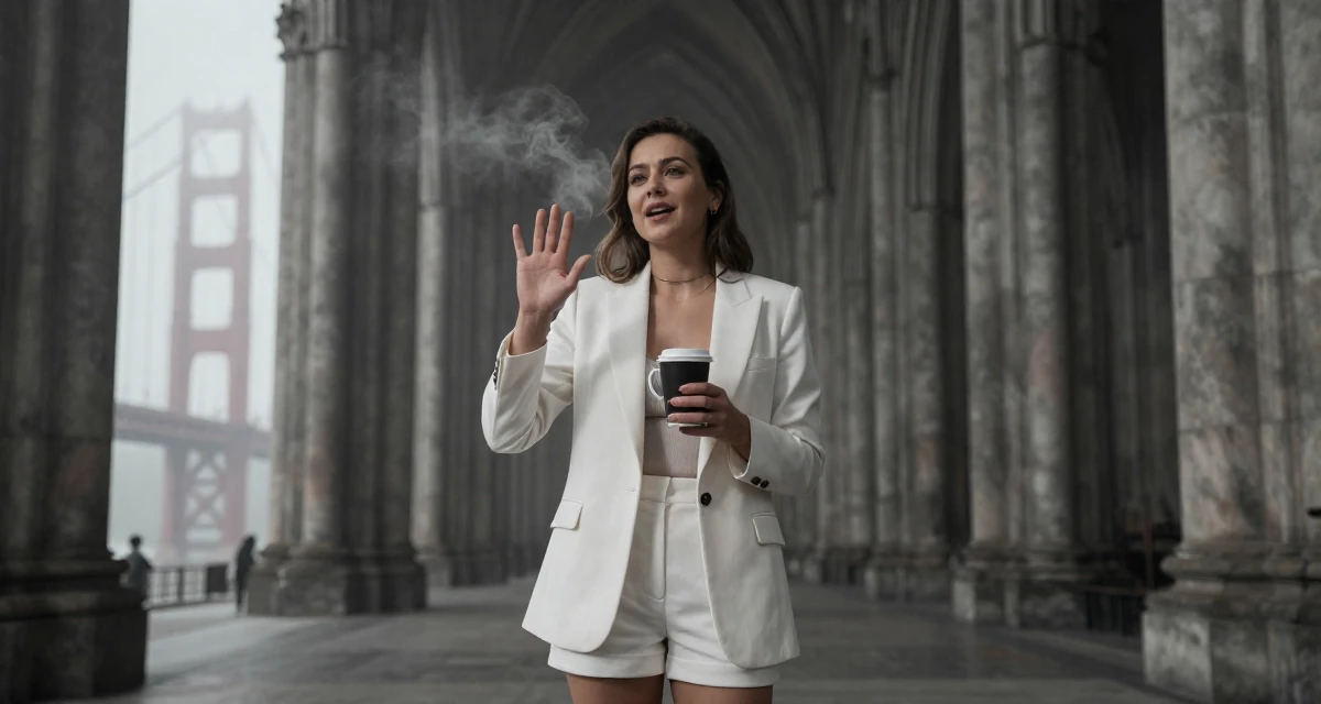A charming Female From Berlin Germany, holds a degree in media engineering in their 35, passionate about classical music and art, wearing a white blazer and matching white shorts, gesturing while talking in a gothic cathedral interior.