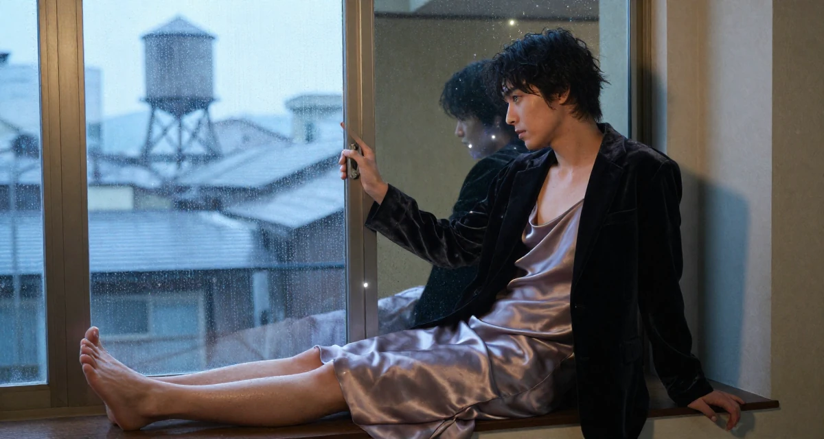 A aloof but intriguing male From Japan, majored in psychology in their 26, facing the fear of aging out before even “making it”, wearing a velvet blazer and a silk slip dress, pulling a door open in a rainy window seat.