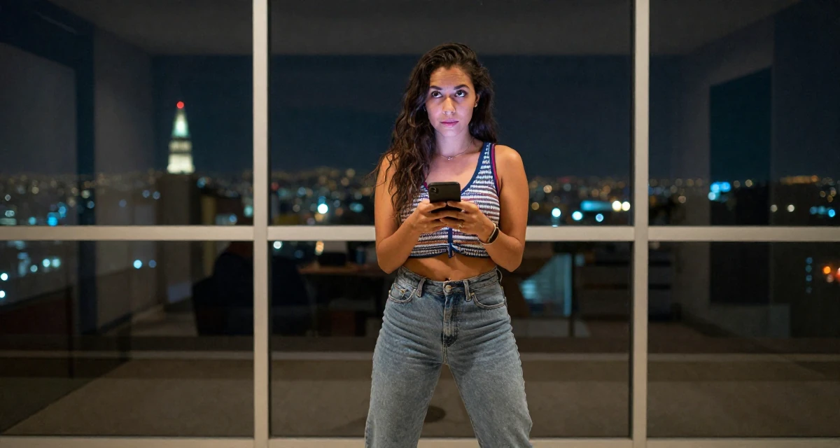 A unbothered Female From Mexico City Mexico, learned expressive movement through Latin dance in their 25, questioning long-term direction, wearing a retro 90s casual vibe, checking a phone in a office break room.