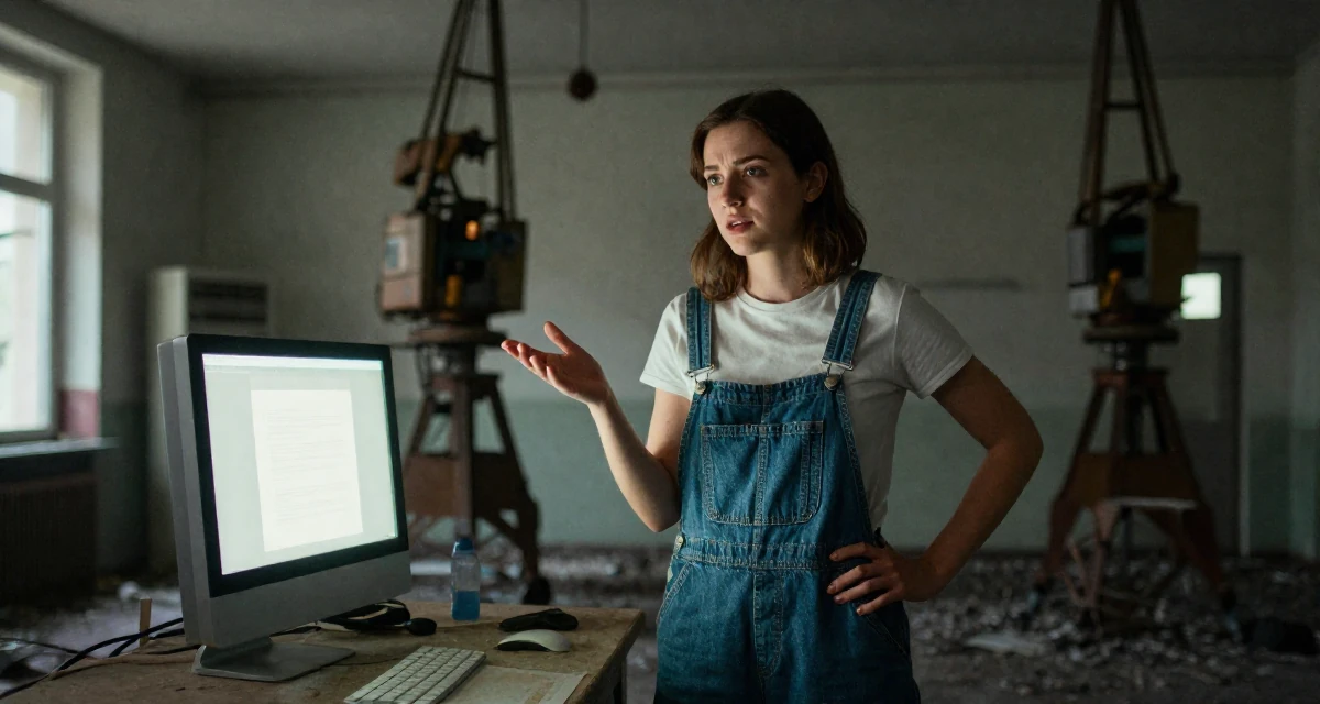 A calm and confident Female From Austria, based in Graz, graduated from an arts academy majoring in emotional portrait direction in their 21, feeling the anxiety of impending graduation, wearing a relaxed dungarees or overalls, gesturing while talking in a abandoned hospital.
