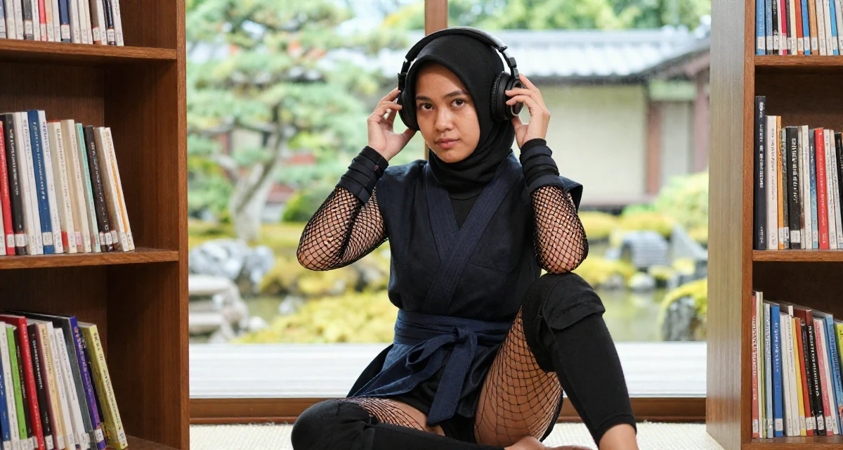 A quietly confident Female From Bandung Indonesia, studied journalism in their 25, experimenting with playful photos that boost confidence, wearing a ninja kunoichi outfit with fishnet details, adjusting headphones in a home interior.