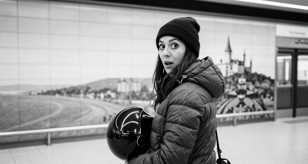 A surprised Female From USA, studied screenwriting in Los Angeles in their 55, exploring digital entrepreneurship, wearing a warm puffer jacket and beanie, holding a helmet in a airport terminal.