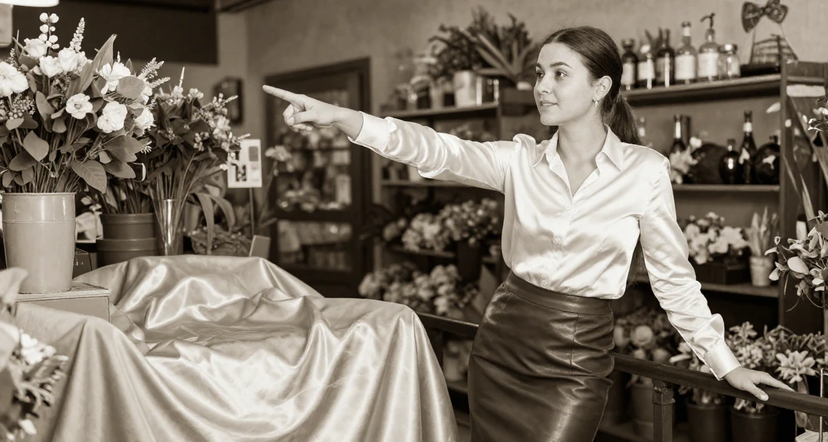 A lighthearted Female Previously a construction worker, now documenting strength-expressive lifestyle in their 21, trying to act professional at a first internship, wearing a white silk shirt tucked into a leather pencil skirt, leaning on a railing in a flower shop.