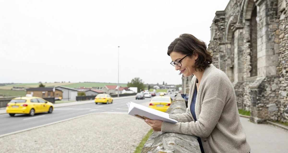 A friendly Female From Belgium, majored in political science in their 35, planning for a legacy or long-term impact, wearing a librarian outfit with glasses and a tight cardigan, turning a page in a ancient stone ruins.