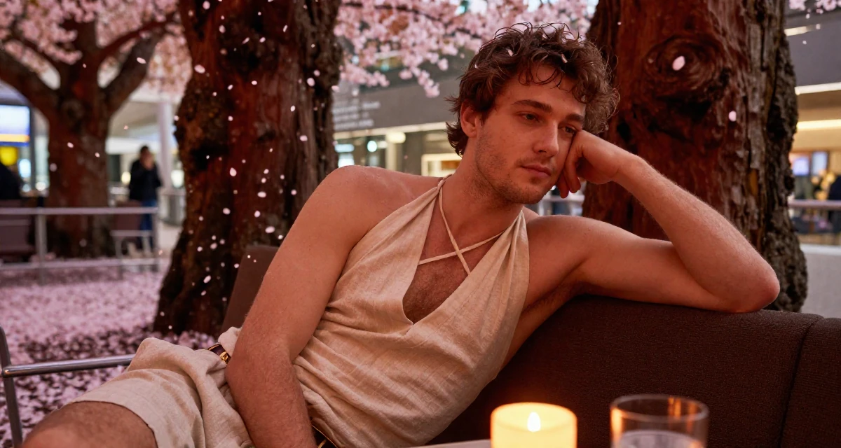 A calmly observant male From the Netherlands, based in Rotterdam, graduated from a media academy majoring in contemporary sensual design in their 25, discovering early creative passions, wearing a criss-cross halter neck top and linen shorts, resting a chin on a hand in a airport terminal.