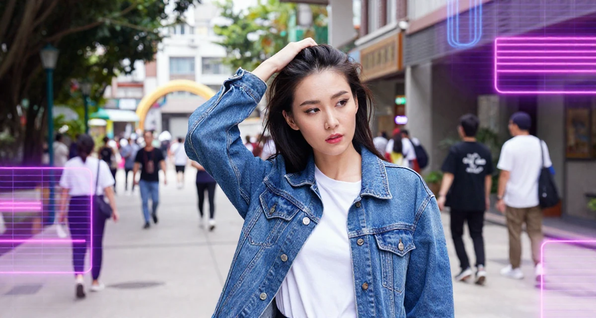 A deeply absorbed Female From Macau, learned performance makeup from casino backstage crews in their 25, standing tall with newfound self-assurance, wearing a classic denim jacket and white tee, running fingers through hair in a zoo pathway.