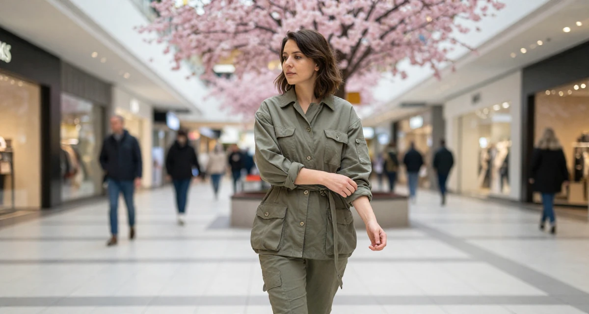 A serene Female From Salzburg Austria, practiced soft-aesthetic lifestyle content in their 30, transitioning from corporate grind to creative freedom, wearing a modern utilitarian outfit, adjusting sleeves in a shopping mall atrium.