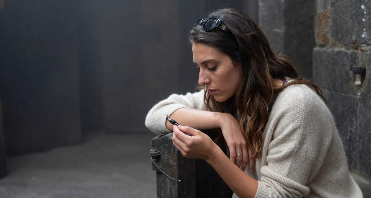 A focused Female From Greece, studied philology in their 23, investing more time in self-marketing, wearing a soft cashmere sweater worn with nothing visible underneath, inspecting fingernails in a dungeon cell.