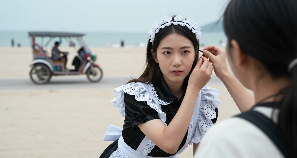 A steady Female Former volunteer teacher, now crafting empowering creator narratives in their 20, working a chaotic part-time job, wearing a french maid costume with black silk and white lace, adjusting a hairpin in a beach promenade.