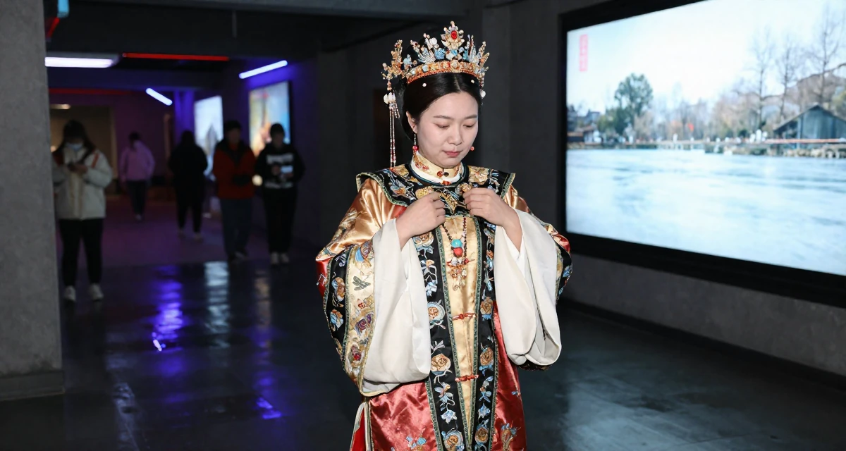 A bashful Female From China, based in Chengdu, graduated from a vocational college majoring in digital communication in their 41, finding joy in volunteering and community, wearing a regal empress gown with heavy silk and jewelry, fixing a collar in a dungeon cell.