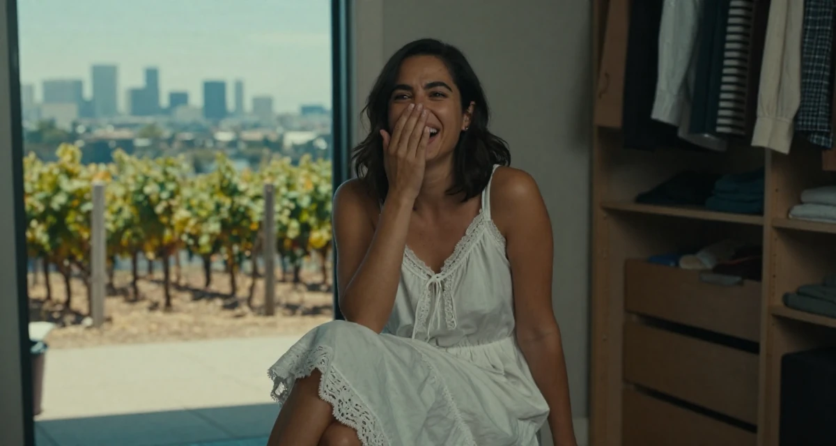 A dreamy Female From Los Angeles USA, majored in performing arts in their 23, building first professional networks, wearing a white cotton nightgown with lace details, covering a laugh with one hand in a walk-in closet.