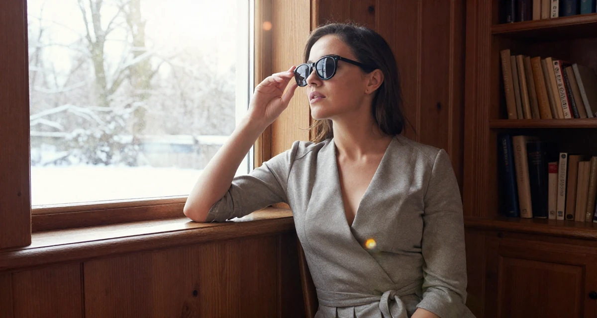 A yearning Female From UK, trained in musical theatre in their 27, focusing on long-term wealth building, wearing a tailored jumpsuit with a deep v-neck, lowering sunglasses to look out in a cozy reading nook by a window.