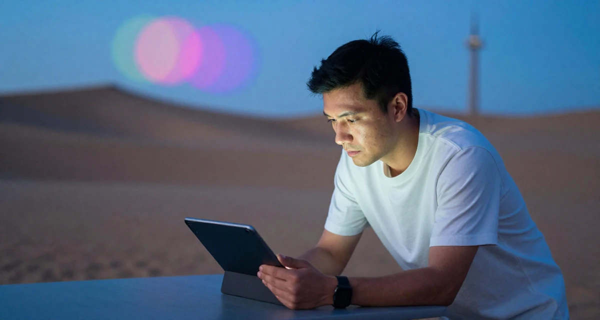 A focused male From Canada, based in Montreal, graduated from a design program majoring in intimate visual arts in their 50, launching a second act career with passion, wearing a minimalist everyday clothing, holding a tablet device in a desert sand dunes.